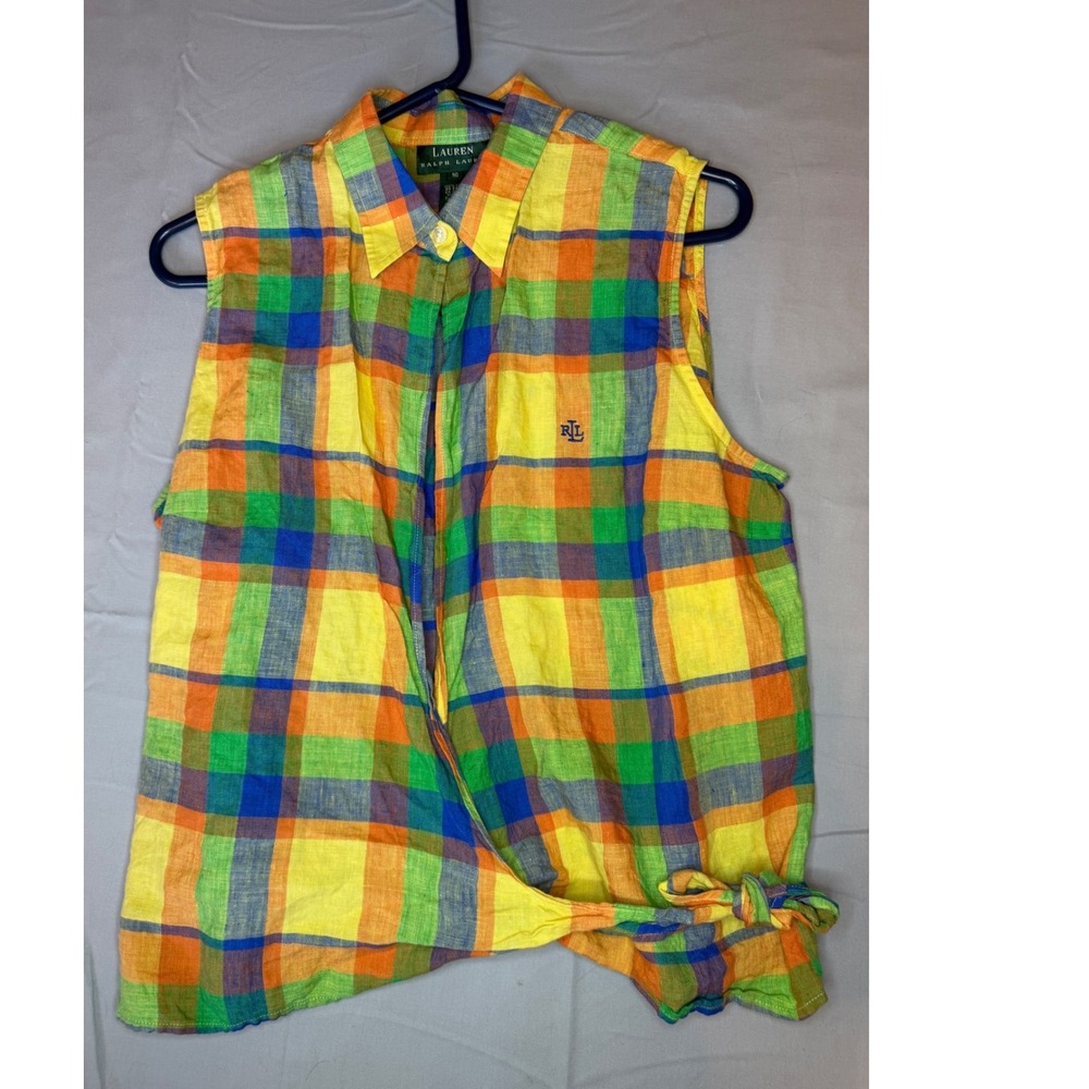 Lauren Ralph Lauren Sleeveless Top Women's 16 Multi Plaid Linen Tie Hem